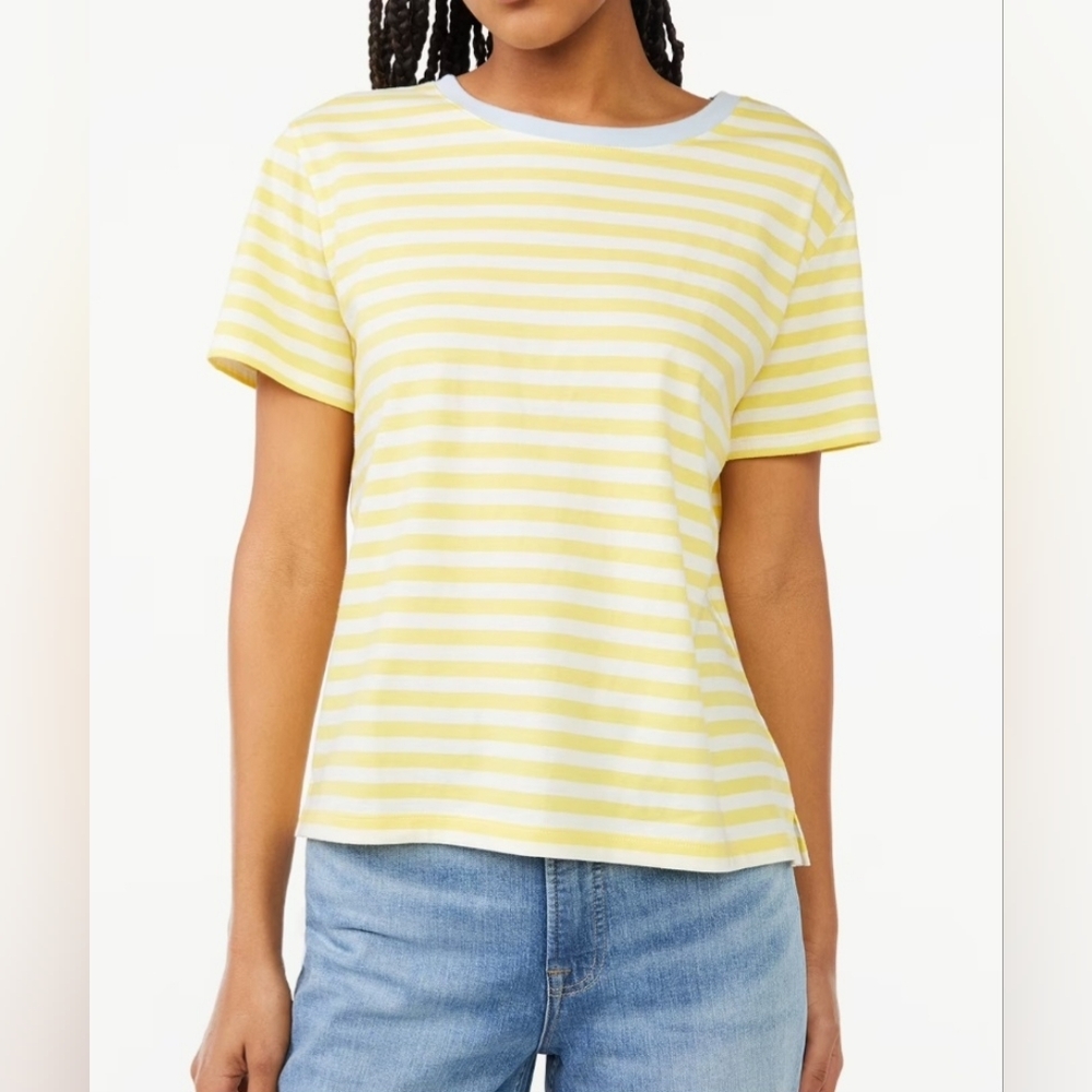 Free Assembly XXL Organic Cotton Yellow White Stripes Short Sleeve T-Shirt